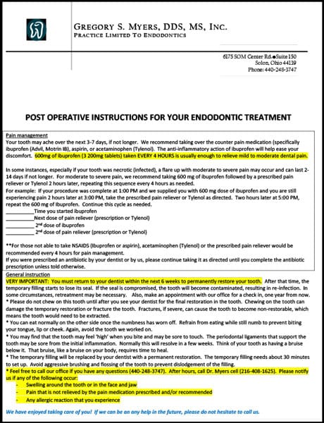 Post Operative Instructions for Endodontic Treatment/Retreatment in Solon, OH